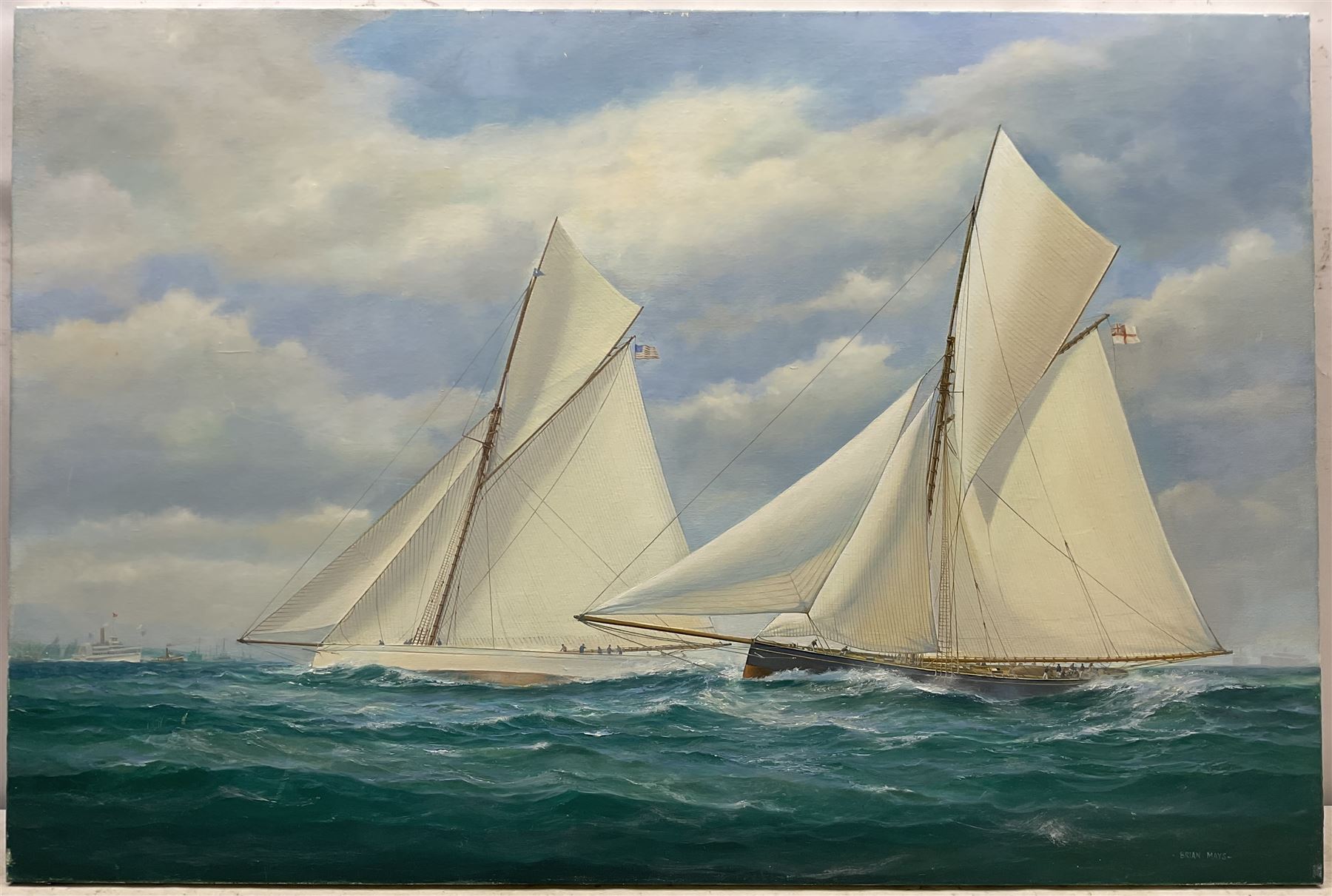 Brian Mays (British 1938-2005): 'Americas Cup 1885 - Puritan Defeats Genesta', oil on canvas signed, titled and dated '01 verso 71cm x 107cm (unframed) 
Provenance: direct from the family of the artist