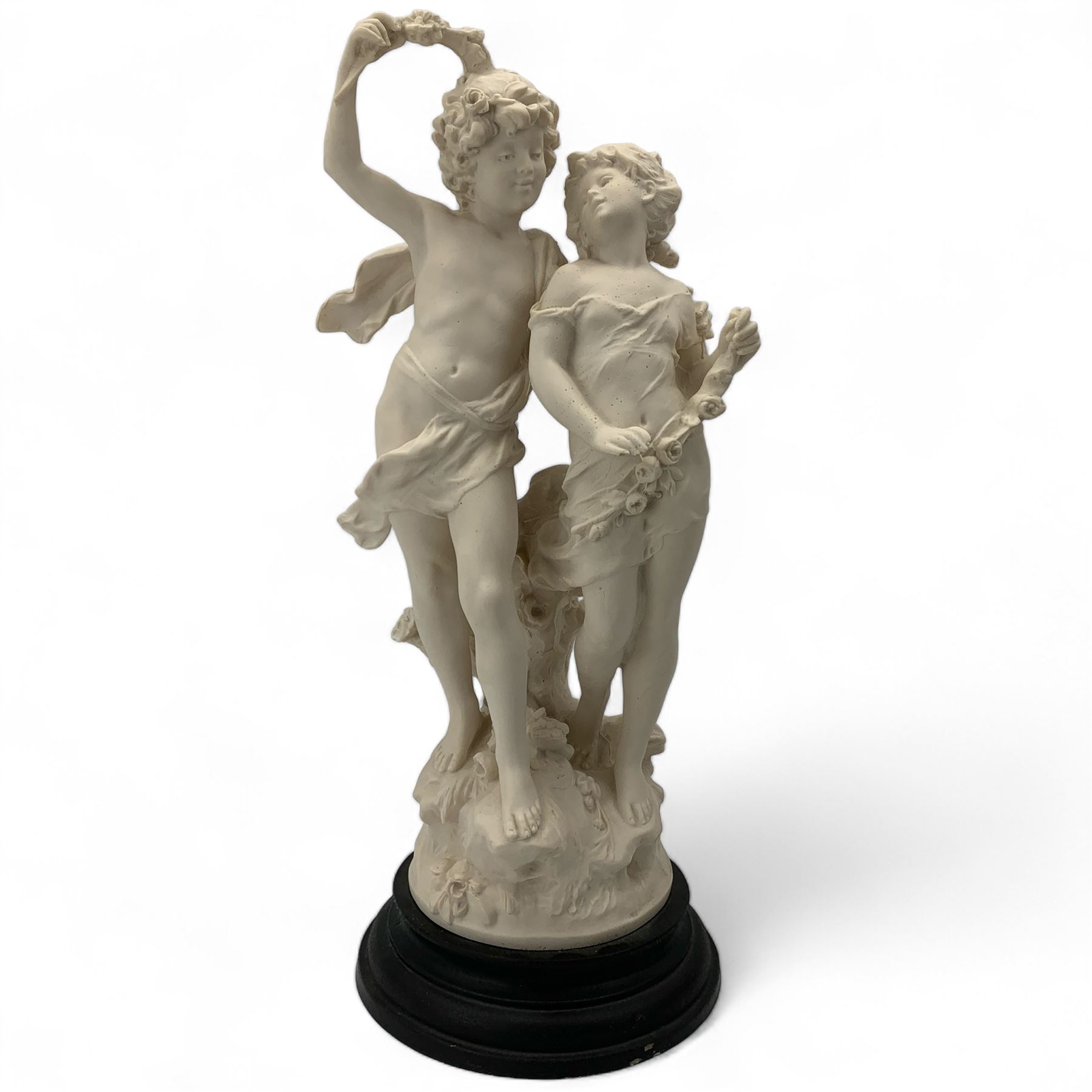 After Auguste Moreau, 20th century faux alabaster figural group 'La Fete Des Fleurs', on circular ebonised plinth, H57cm