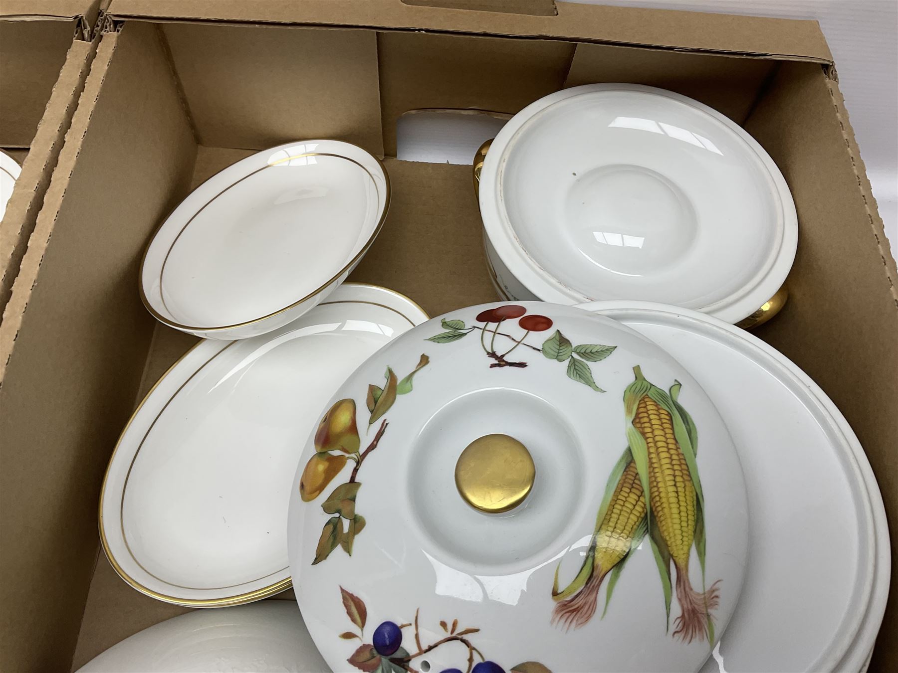 Royal Worcester ceramics, including Evesham pattern tureens and serving dishes and Contessa pattern oval side plates, together with a pair of Wedgwood Silver Ermine pattern twin handled tureens and covers