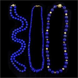 Lapis lazuli and 9ct gold bead necklace and two other lapis lazuli necklaces, all with 9ct...