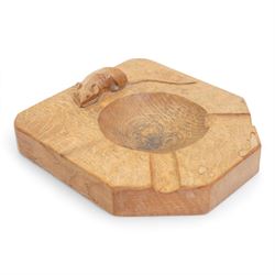 Mouseman - unusually large oak ashtray, rectangular form with canted and rounded corners, carved with mouse signature, possibly for a cigar, by the workshop of Robert Thompson, Kilburn, 15.5cm x 14cm