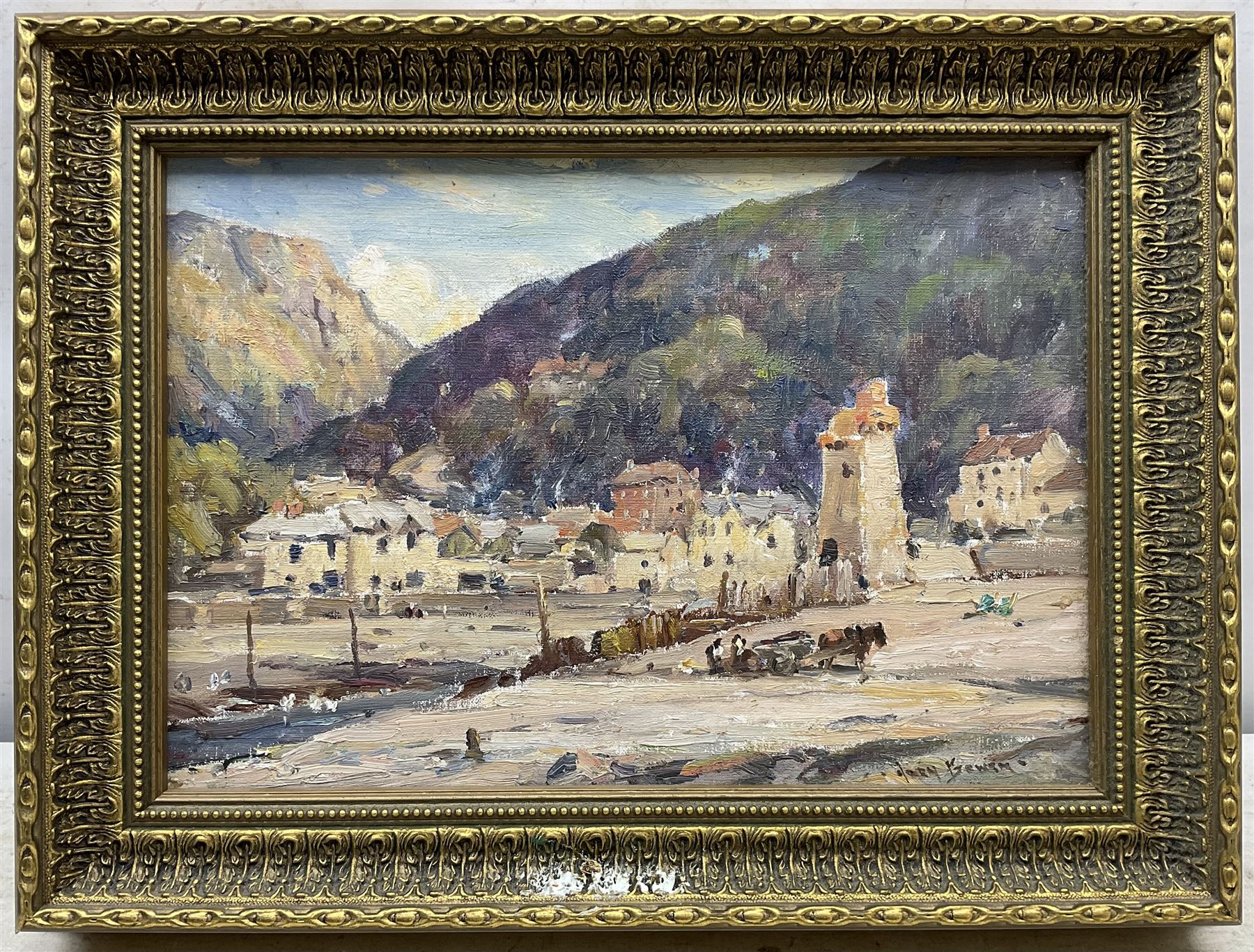 Owen Bowen (Staithes Group 1873-1967): 'Lynmouth before the Floods', oil on board signed, titled and dated 'about 1935' on label verso 23cm x 34cm 
Provenance: private collection; acquired from the artist's daughter Betty McDougal (neé Bowen), authenticated on label verso