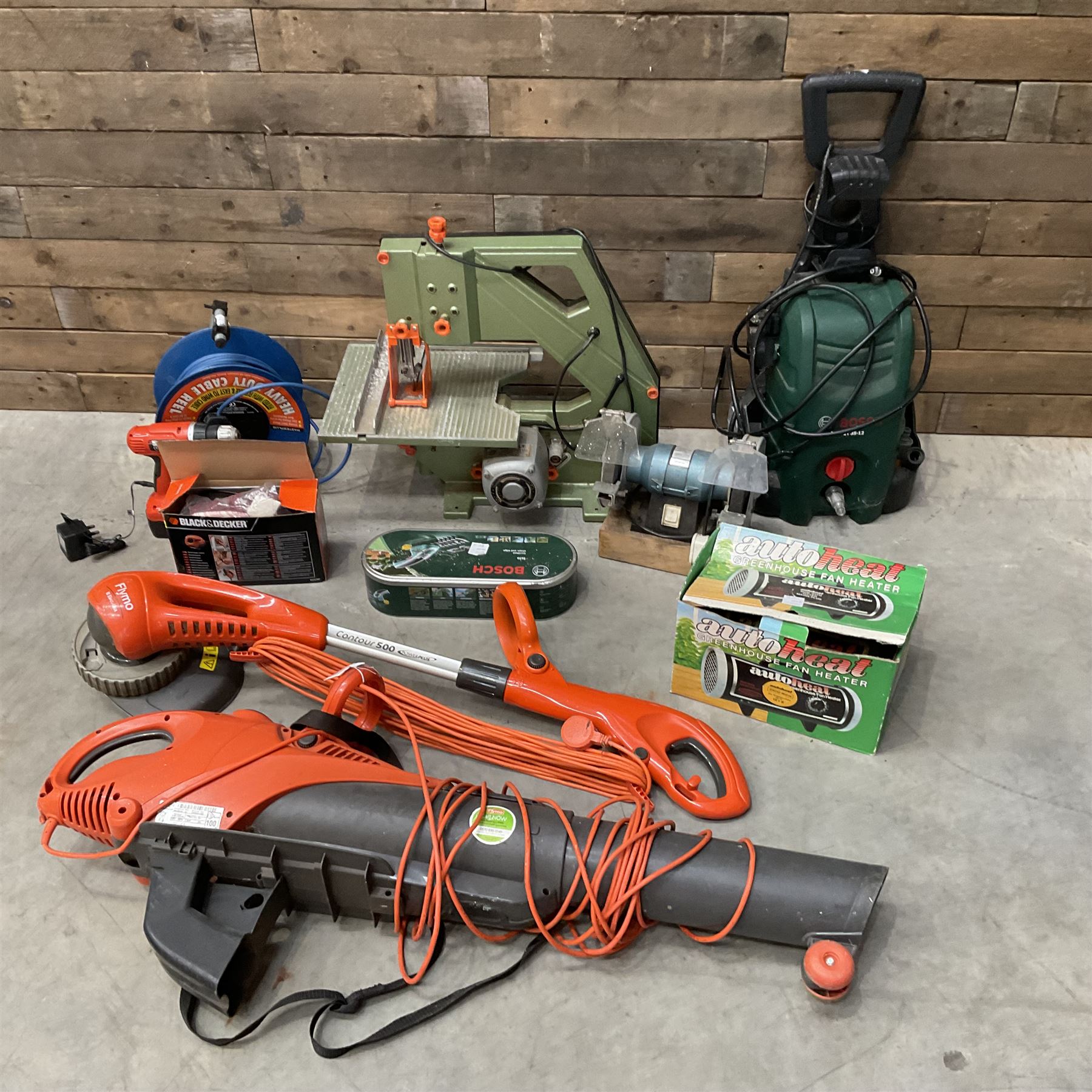 Flymo electric garden vac, DeWalt scroll saw, bench grinder, Polti steam cleaner, extension reel and other tools