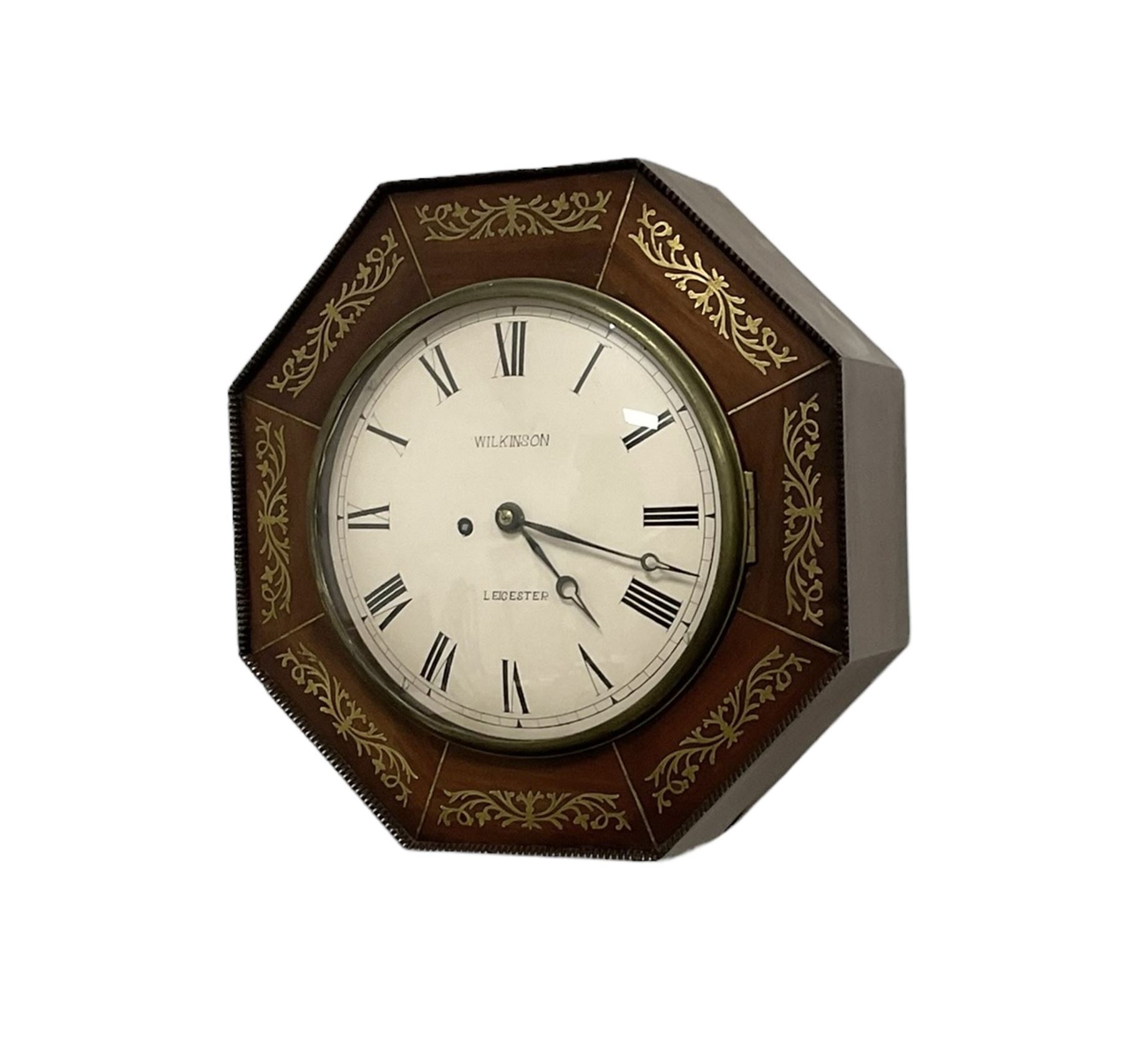 Wilkinson of Leicester - mid-19th century octagonal mahogany cased 8-day wall clock, dial surround inlaid with brass fretwork and a cast brass bezel, 10