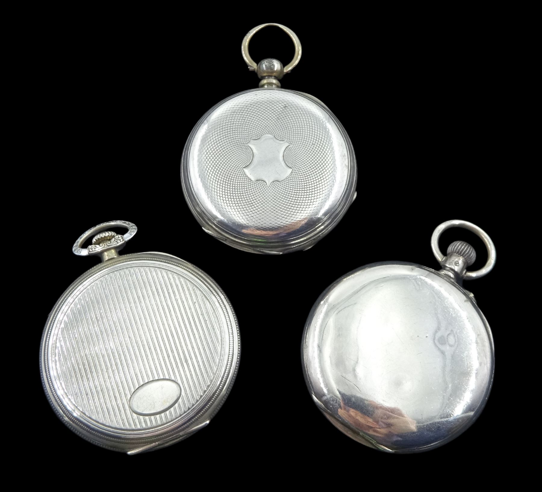 Silver keyless Swiss lever pocket watch, Swiss hallmarks, the inner dust cover engraved Jays 142 & 144 Oxford Street London, one other 800 silver keyless lever pocket watch and a silver key wound cylinder pocket watch (3)