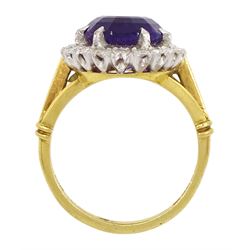 18ct gold oval cut amethyst and diamond cluster ring, hallmarked, amethyst approx 4.05 carat