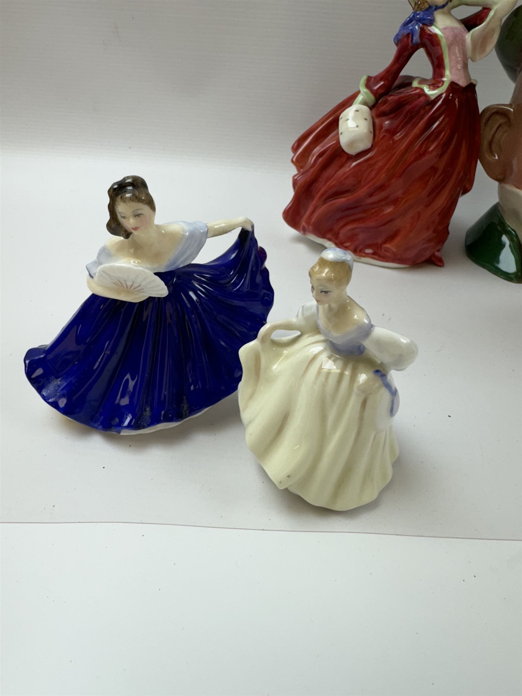 Five Royal Doulton figures, including Ruth, Autumn Breeze, Elaine, together with two Royal Doulton character jugs and Beswick character jug 