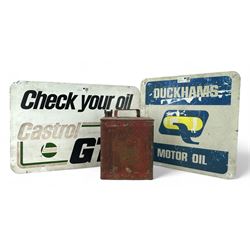 Vintage Shell Petroleum Sprit petrol fuel can, 'Duckhams Motor Oil' vintage metal sign and...