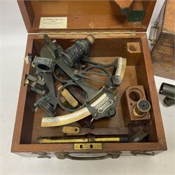 1940s Heath & Co brass and copper 'Hezzanith' sextant No. H412, in original oak carrying case, the inside lid with examination certificate dated 1942, together with a patinated brass miners level, in wooden box inscribed G.H Burrows