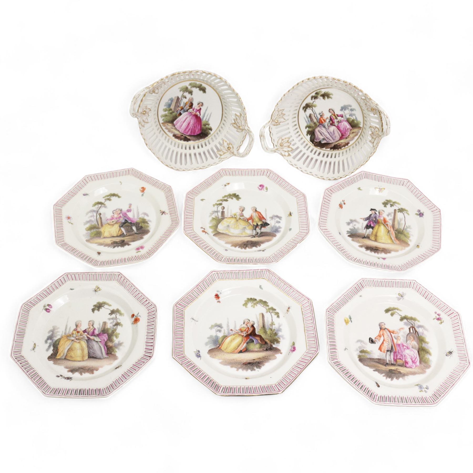 Set of six 19th century Berlin octagonal plates and a pair of two handled baskets, with pierced designs and decorated with couples in landscapes, plates D21cm, baskets, D23cm (8)