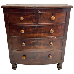 Victorian mahogany bow-front chest, fitted with two short and three long drawers, on turned feet