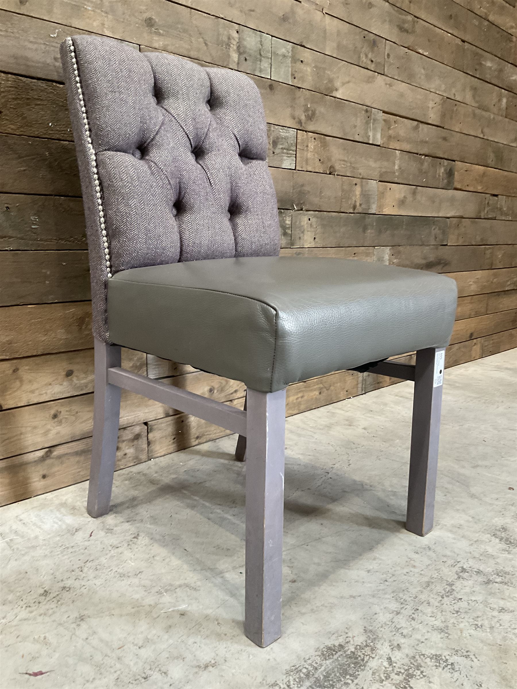 19 x dining chair upholstered in studded and buttoned tweed, painted leg