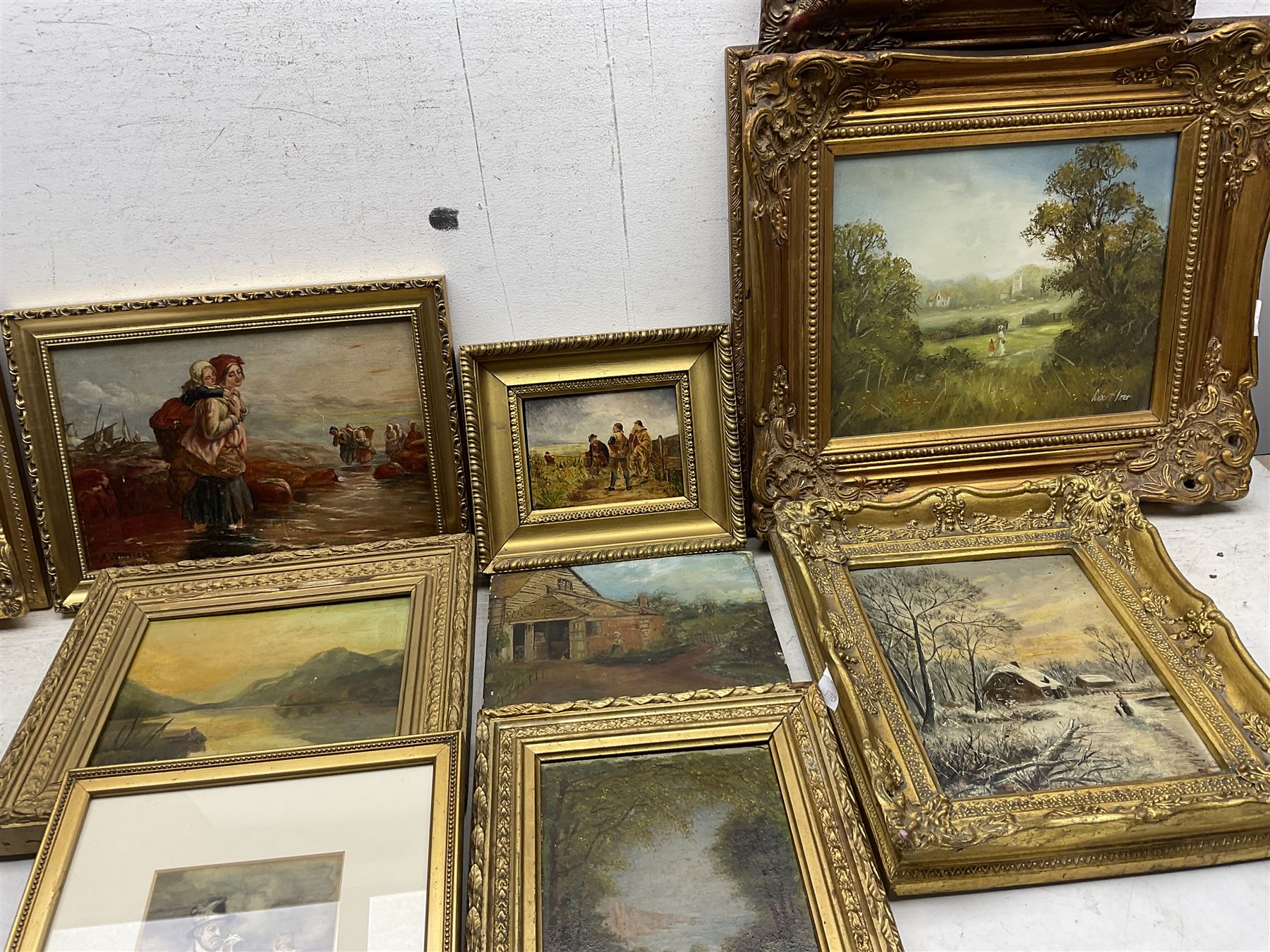 Large collection of original oils and a watercolour variously signed to include Robert Ixer, most in gilt frames, in one box (10)