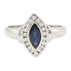 9ct white gold marquise cut sapphire and round brilliant cut diamond cluster ring, hallmarked 