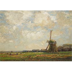 Kershaw Schofield (British 1872-1941): Flatland Landscape with Windmill, oil on board sign...