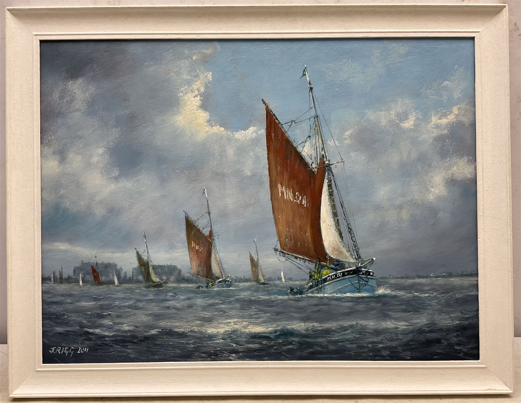 Jack Rigg (British 1927-2023): 'Smacks on the River Blackwater - Old Gaffers Race 1978', oil on board signed and dated 2011, titled and inscribed verso 37cm x 50cm