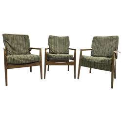 Cintique - set of three beech framed open easy chairs 