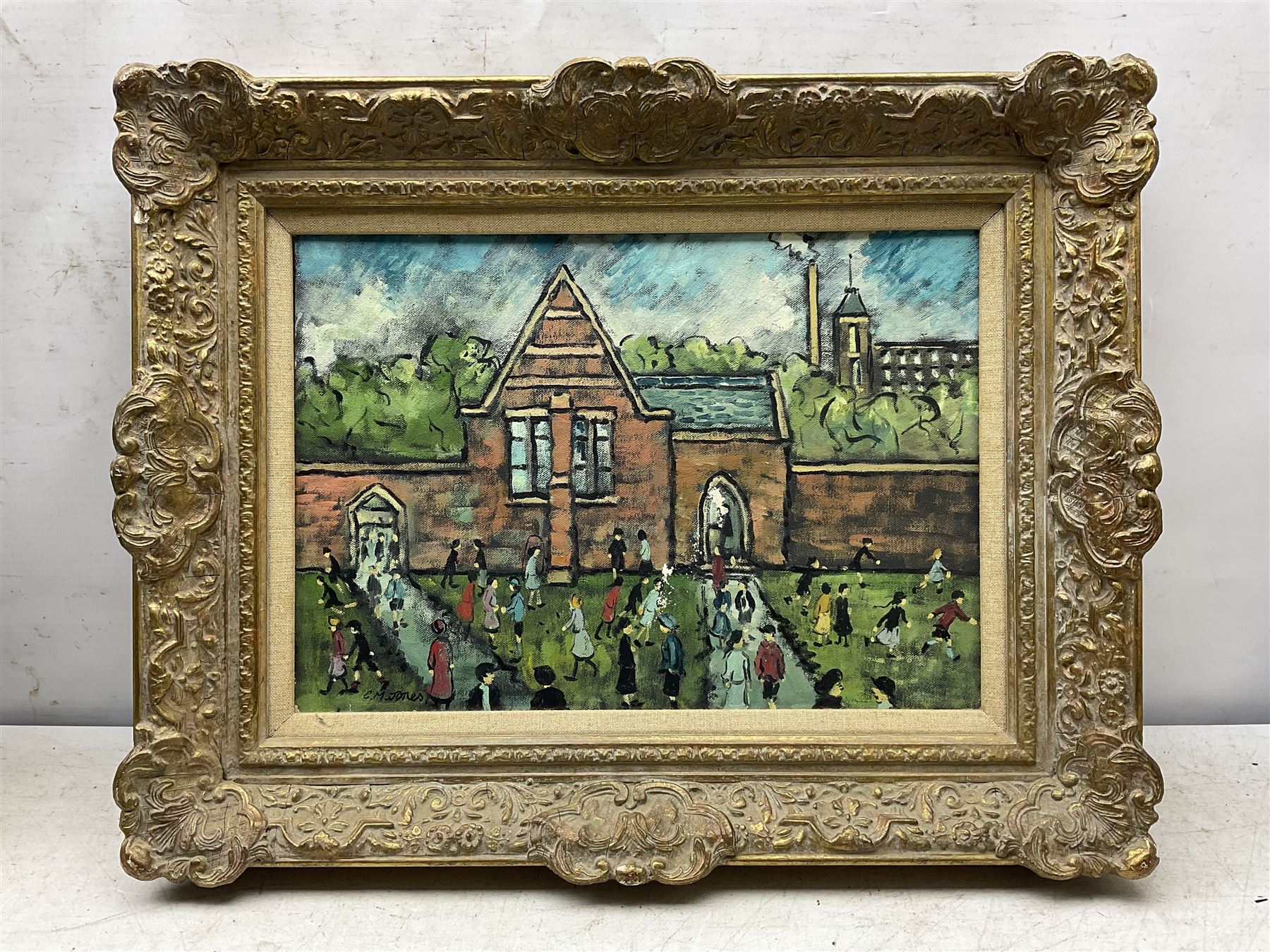 Charles M Jones (British 1923-2008): Schoolyard Games, oil on canvas signed 30cm x 42cm 