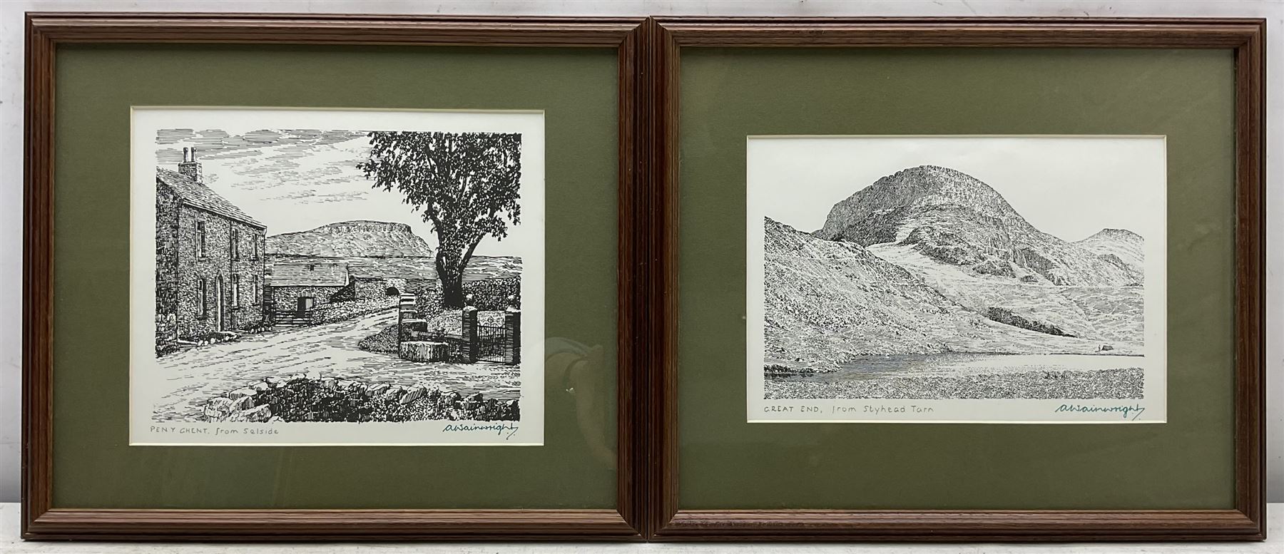 Alfred Wainwright MBE (British 1907-1991): 'Pen Y Ghent from Selside', 'Great End from Styhead Tarn', 'Skelwith Force', and 'Wasdale from Great Gable', four monochrome prints each signed in pen by the artist, max 17cm x 23cm (4)