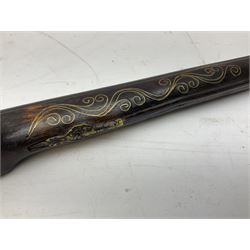 REGISTERED FIREARMS DEALERS ONLY - Reproduction flintlock pistol, the full walnut stock with brass filigree inlay and mounts and skull crusher butt L46cm; no visible proof marks