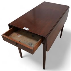 19th century mahogany Pembroke table, rectangular drop-leaf top with rounded corners, fitted with single end drawer, on square tapering supports