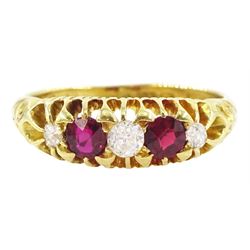 Edwardian 18ct gold five stone ruby and old cut diamond ring, Birmingham 1902, total ruby ...