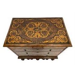 18th century inlaid walnut chest on stand, ovolo-moulded rectangular top inlaid with ebony panels each decorated with scrolling foliage, flower heads and birds, fitted with two short over three long drawers, the drawer fronts decorated with ebony panels enclosing curled leaf inlays, the base fitted with single drawer on turned supports united by waved stretchers, on turned bun feet 