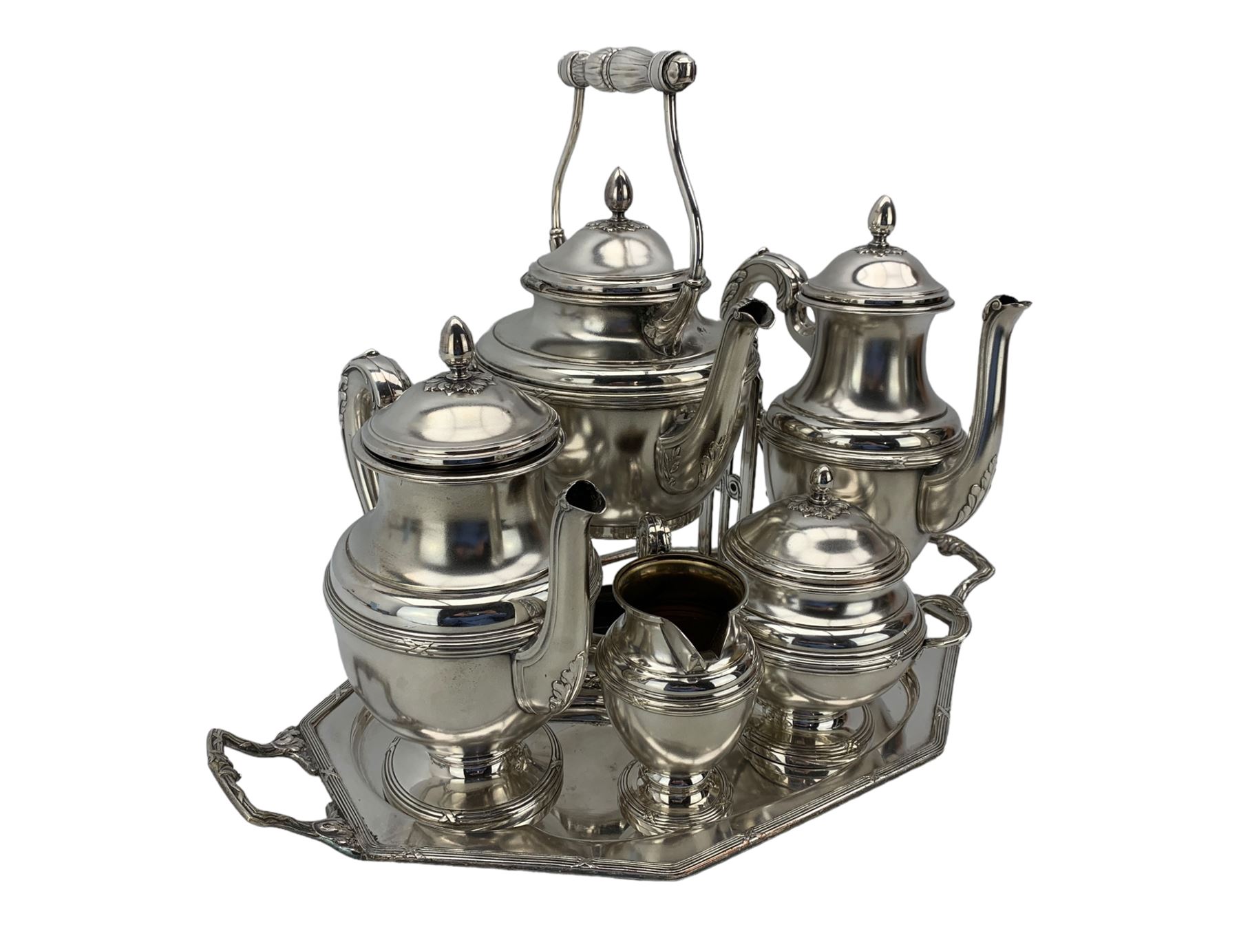 Early 20th century German five-piece silver-plated tea service on tray, by Wilhelm Wolff,   Pforzheim, tray L51cm 