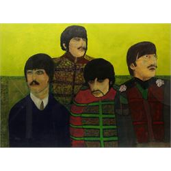 English School (Contemporary): Naïve Portrait of The Beatles, oil on canvas unsigned 73cm x 100cm 