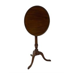 George III mahogany tripod table, circular moulded dished tilt-top, ring turned stem on three splayed supports 