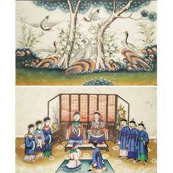 Chinese School (Qing Dynasty 19th century): Chinese Dignitary and Subjects and Birds in a Rocky Landscape, pair gouache and watercolour paintings on rice paper unsigned 20cm x 32cm (2)