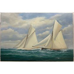 Brian Mays (British 1938-2005): 'Americas Cup 1885 - Puritan Defeats Genesta', oil on canvas signed, titled and dated '01 verso 71cm x 107cm (unframed) 
Provenance: direct from the family of the artist