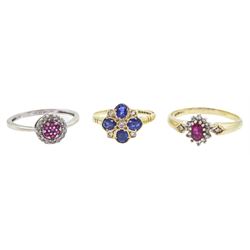 Three 9ct white and yellow gold cluster rings including sapphire and diamond and ruby and diamond, all hallmarked