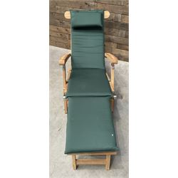 Pair of solid teak adjustable garden steamer armchairs, stainless brackets, with cushions