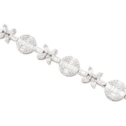 18ct white gold baguette and round brilliant cut diamond flower and circular link bracelet, stamped 750, total diamond weight approx 3.70 carat