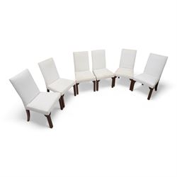 Set of six Georgian design mahogany framed dining chairs, upholstered in calico cover, on moulded square supports with foliate scroll carved brackets 