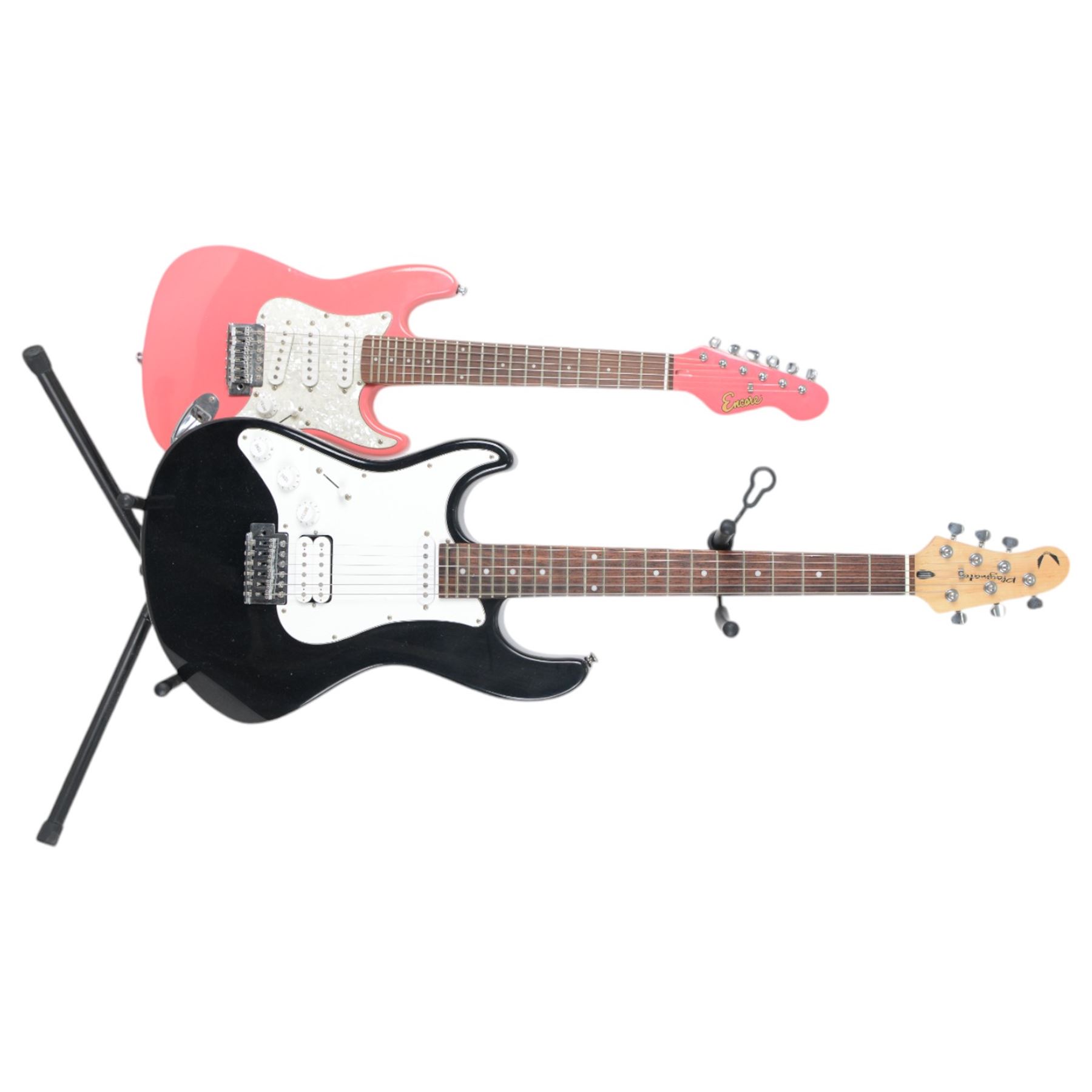 Dean Playmate 3/4 size left-handed electric guitar, in black finish, together with an Encore child's electric guitar, in pink finish, black H97cm, pink H81cm