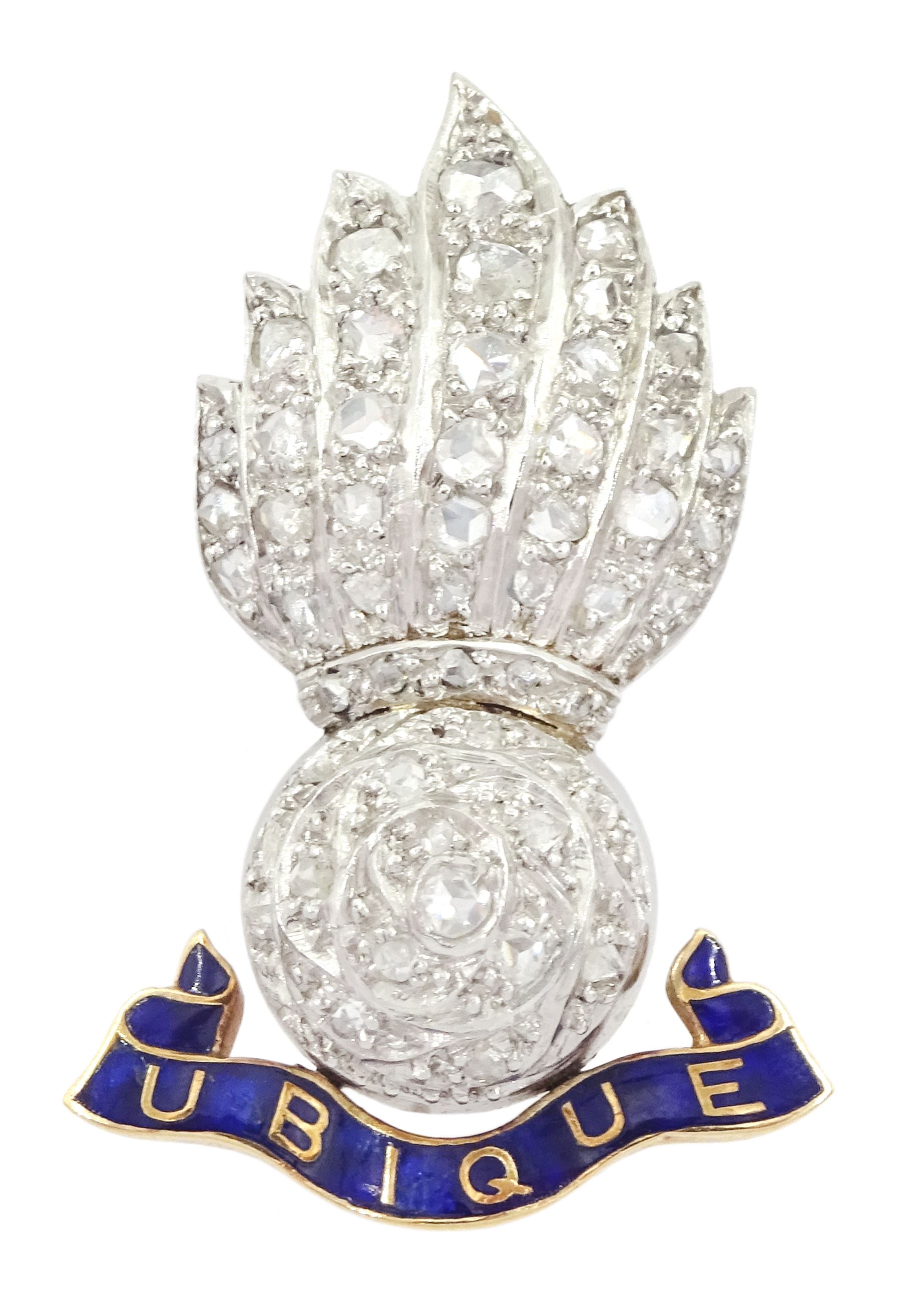 Platinum rose cut diamond Royal Artillery flaming grenade brooch, with 9ct gold blue enamel 'Ubique' motto below, in Garrard & Co Ltd silk and velvet lined case