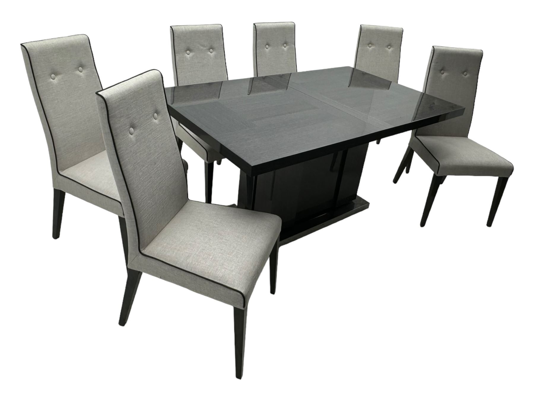 Alf Italia Monte Carlo - rectangular dining table, high gloss finish, pull-out action extending top with folding leaf (160cm - 210cm x 95cm, H76cm); together with a set of six high back chairs, upholstered in light grey buttoned fabric with darker grey piping 