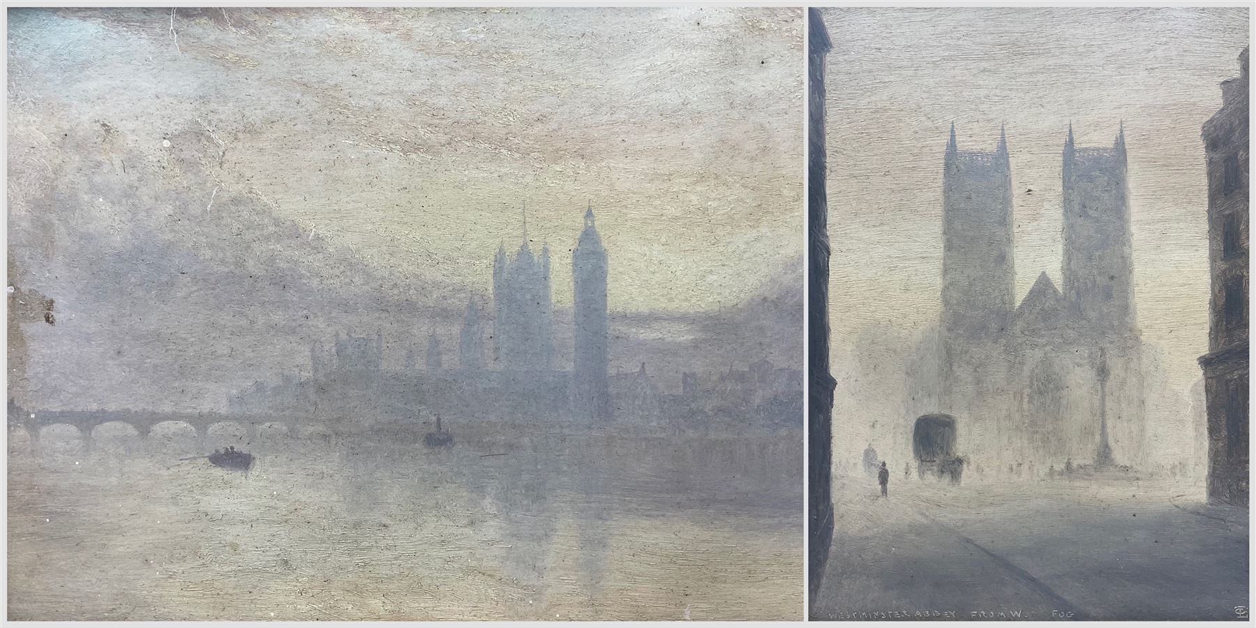 Attrib. Lionel Townsend Crawshaw (Staithes Group 1864-1949): 'Westminster Abbey - Fog' and Houses of Parliament, pair oils on canvas, one titled and signed with monogram max 27cm x 19.5cm (2)