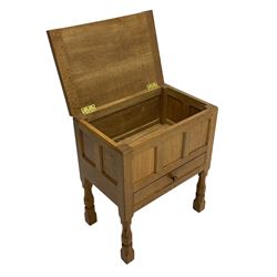 Mouseman - oak work or sewing box, rectangular adzed top inscribed 'L. M. C. 1976' enclosing vacant interior, triple panelled front and double panelled sides, fitted with single drawer, on octagonal supports, carved with mouse signature, by the workshop of Robert Thompson, Kilburn 