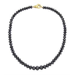 Single strand graduating black diamond necklace, with 18ct gold clasp, stamped 750, total diamond weight approx 220.00 carat