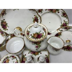 Royal Albert Old Country Roses, tea service for six, comprising teapot, milk jug, open sucrier, teacups and saucers, cake plate, together with other items 