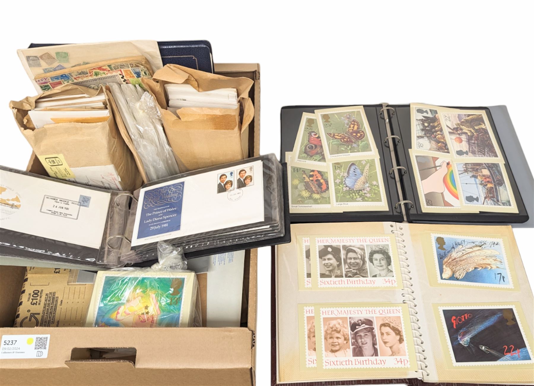 Great British and World stamps, including PHQ cards, Queen Elizabeth II first day covers, Bahamas, Belgium, Canada, India etc, housed in albums, ring binder folders and loose, in one box