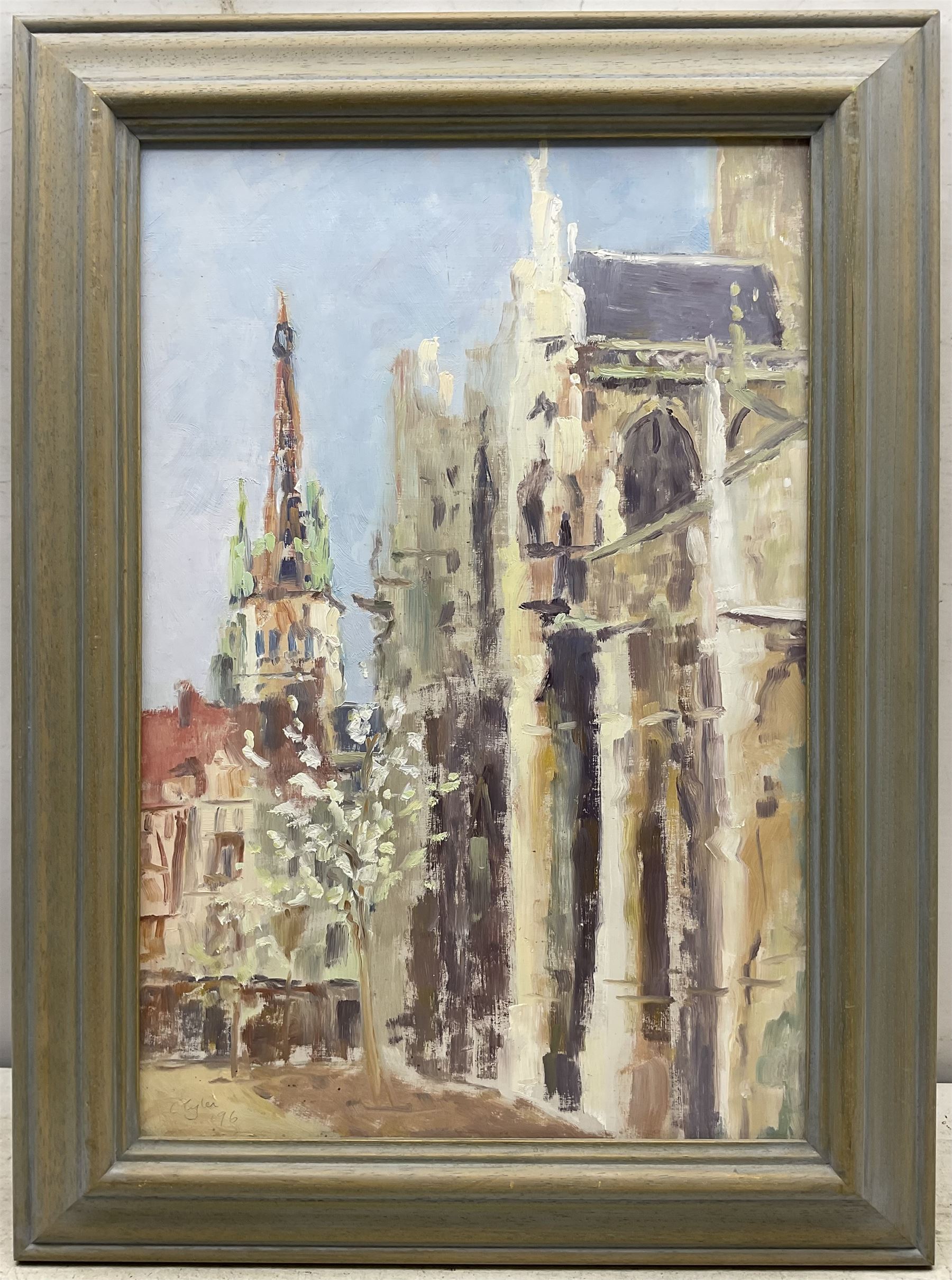 Catherine Tyler (British 1949-): 'Rouen Cathedral from St Maclou Church', oil on panel signed and dated '96, titled verso 47cm x 32cm