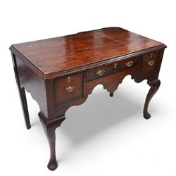 18th century oak low-boy, moulded rectangular top over three drawers and shaped apron, the...