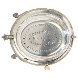 Walker and Hall turnover dish, engraved throughout with foliate decoration, with ivorine handle and upon four paw feet, together with a pair of silver plated candelabra and a pair of silver plated candlesticks, tallest H20cm