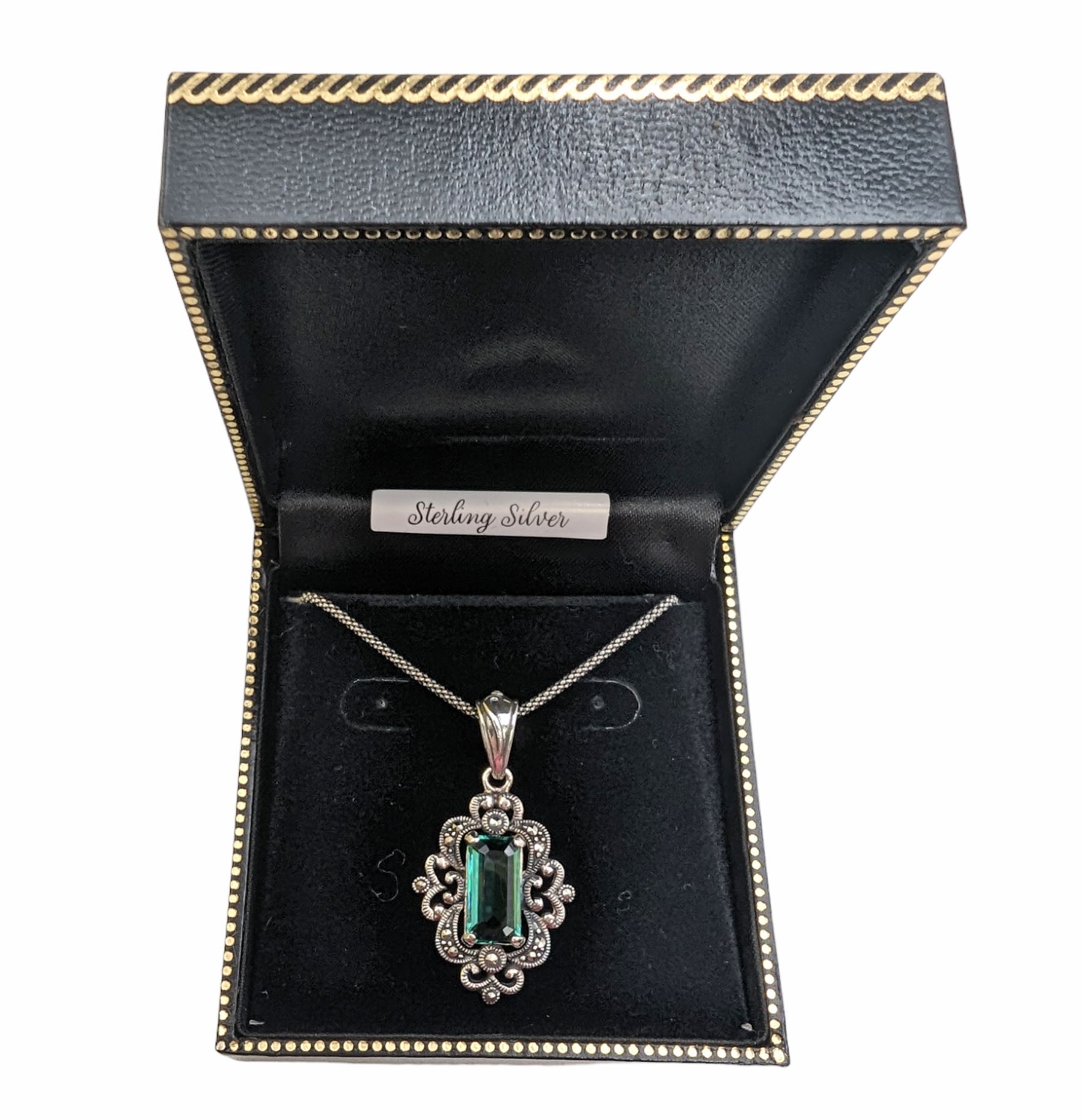 Silver marcasite and green stone pendant necklace, stamped 925, boxed