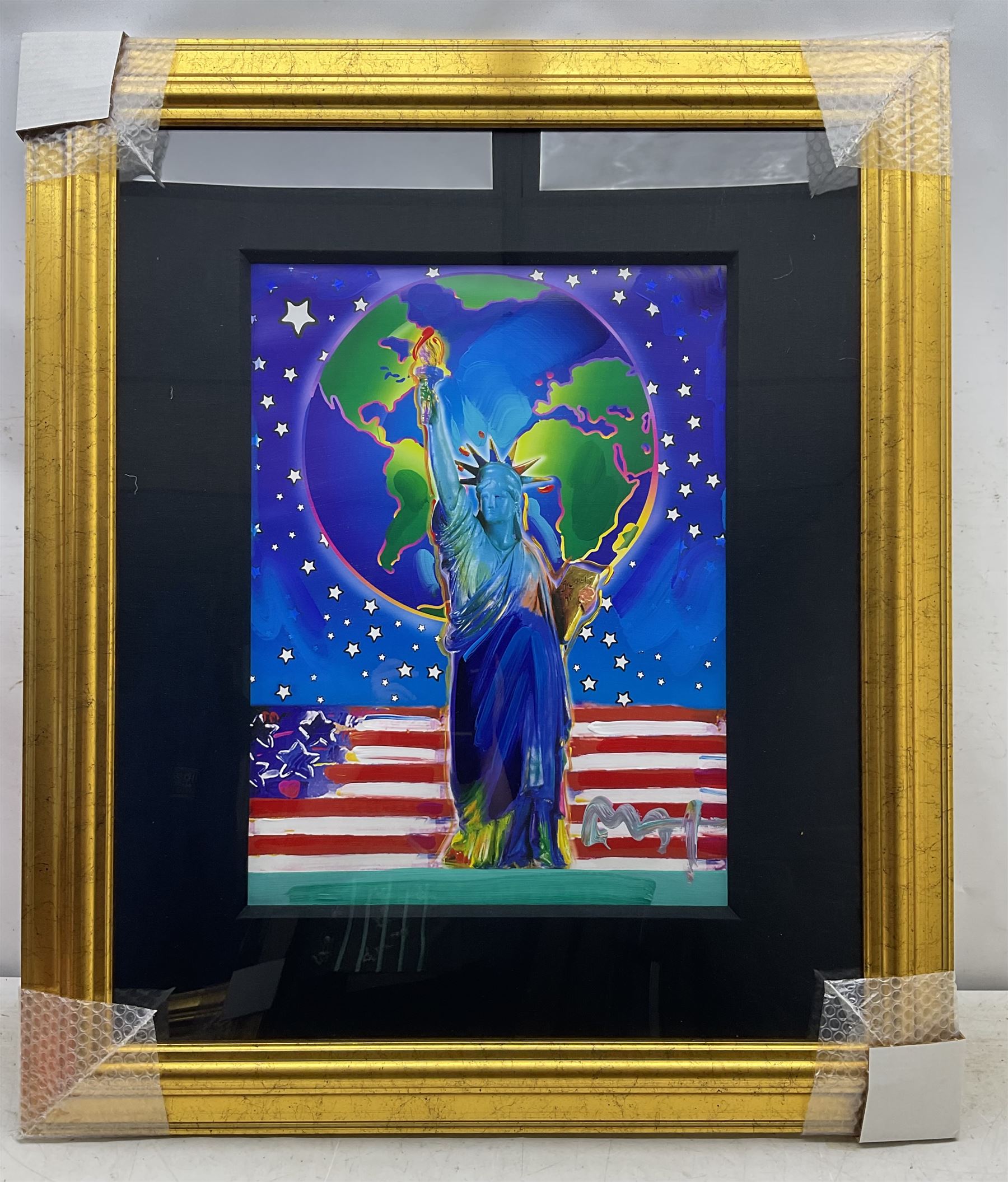 Peter Max (American 1937-): 'United we Stand', 'Liberty and Justice for All', 'God Bless America - With Five Liberties', 'God Bless America II', 'Peace on Earth', and 'Land of the Free, Home of the Brave', set of six mixed media with acrylic and colour lithography 59cm x 44cm (6)