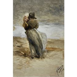 Robert Jobling (Staithes Group 1841-1923): Looking Out to Sea - Staithes Fisherwoman and Daughter, watercolour signed and dated 1908, 15cm x 10cm (mounted)